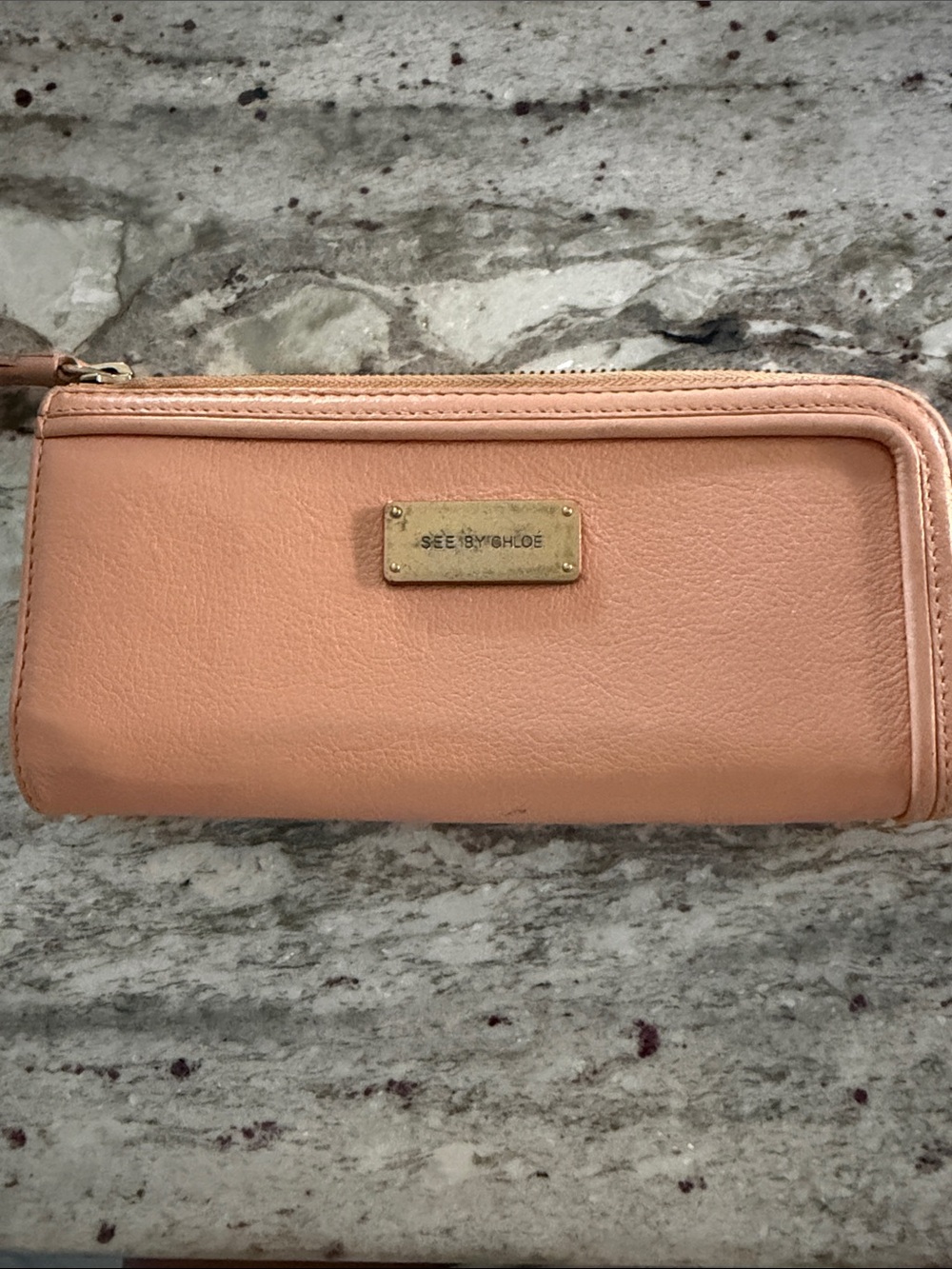 See By Chloe Peach Zip-Around Leather Wallet with Gold Plate